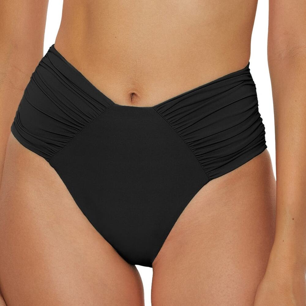 NWOT Becca By Rebecca Virtue Black Color Code Ruched High Cut Bikini Bottom Sz S
